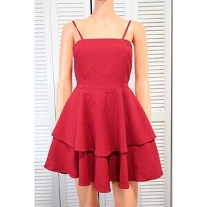 Red Tiered Ruffle Mini Dress Open Back Tie Straps Fit Flare Size M